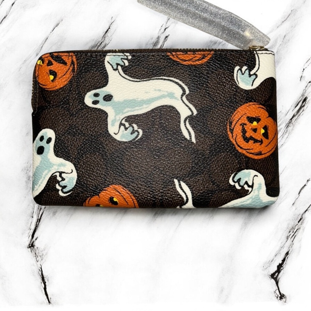 New Coach Brown Corner Zip Wristlet in Signature Canvas with Halloween Print